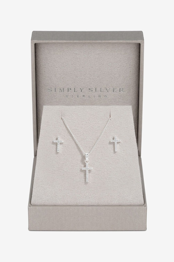 Simply Silver Sterling Silver 925 Cubic Zirconia Cross Set - Gift Boxed