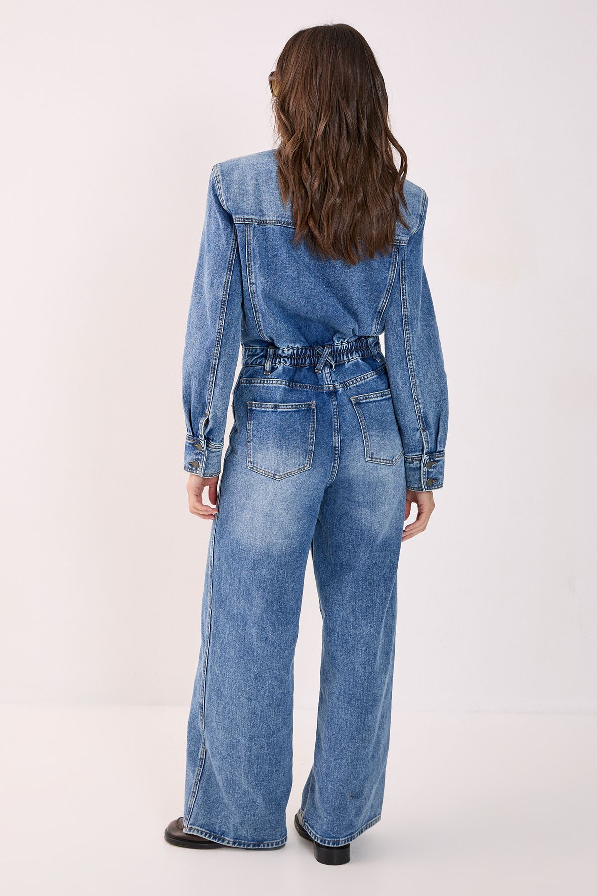 NastyGal Denim Shoulder Pad Boilersuit Stonewash image 4
