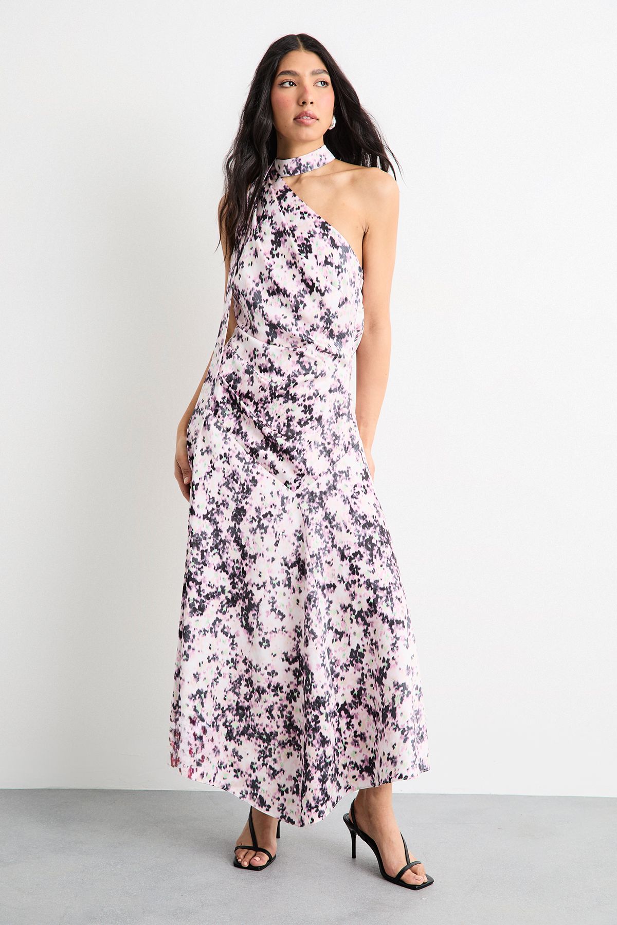 Warehouse Printed Scarf Tie Asymmetric Satin Maxi Dress Multi