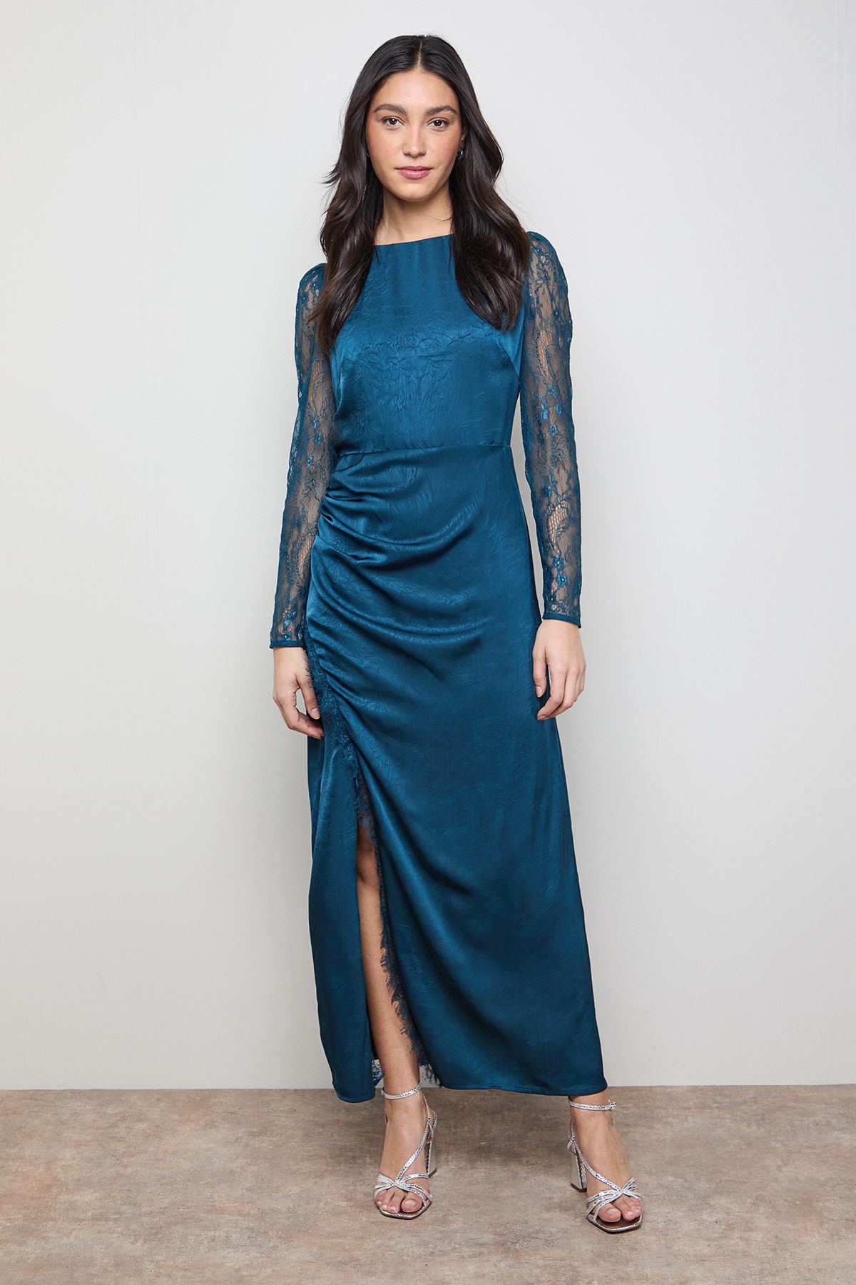 Oasis Lace Sleeve Split Front Satin Midaxi Dress Teal image 1