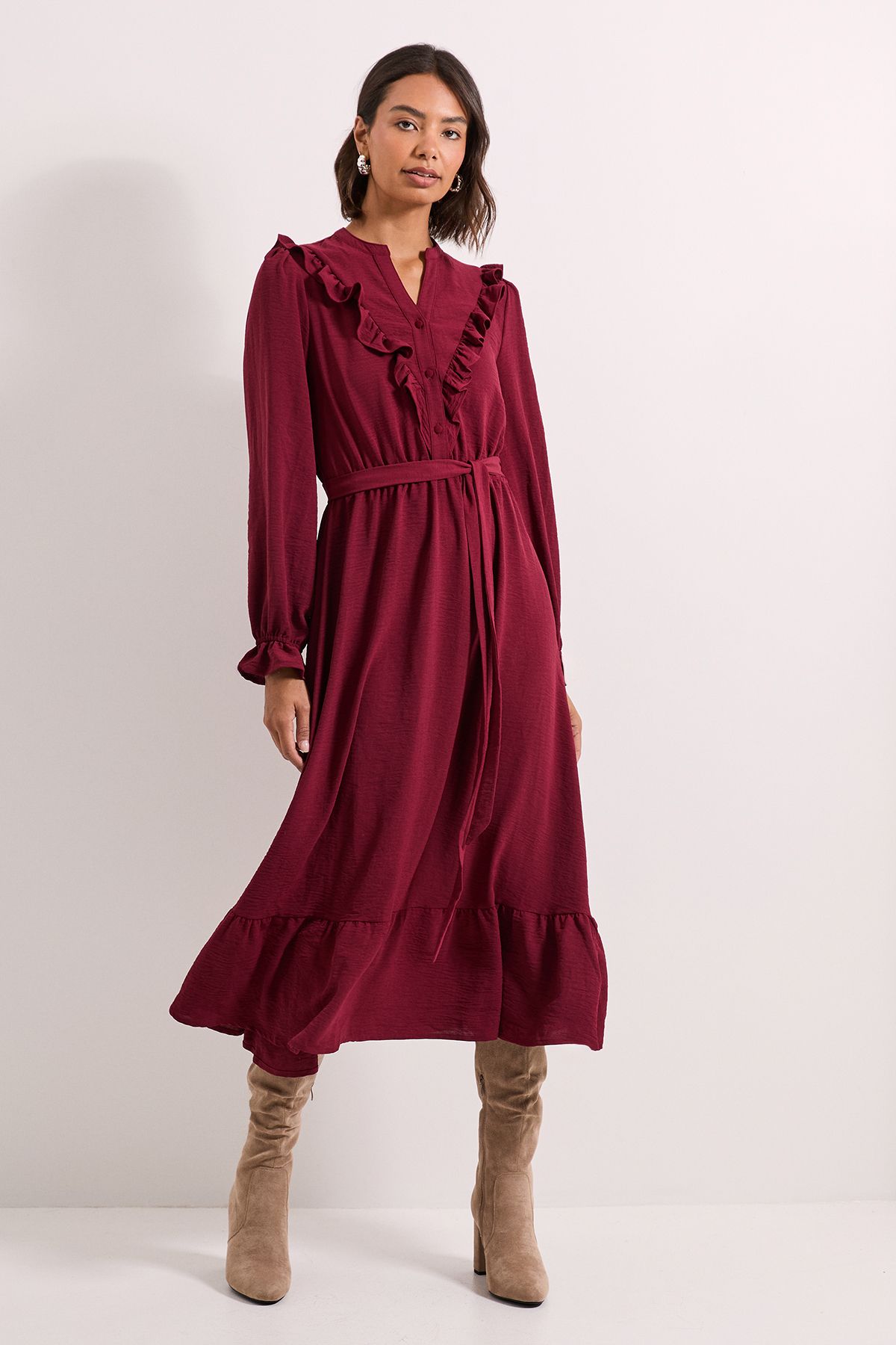 Dorothy Perkins Tie Waist Frill Detail Midi Dress Red image 1