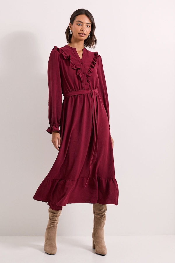 Dorothy Perkins Tie Waist Frill Detail Midi Dress Red