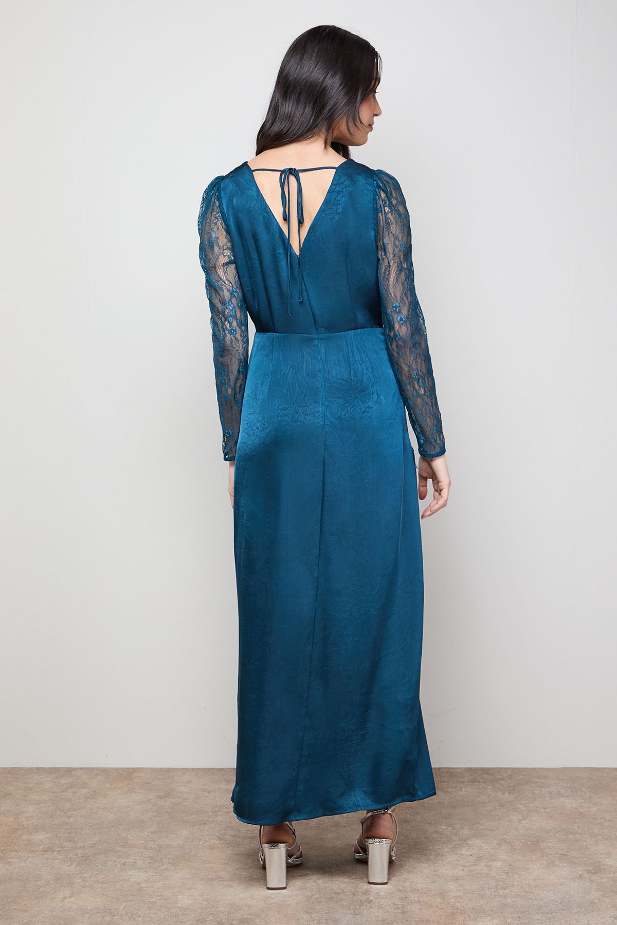 Oasis Lace Sleeve Split Front Satin Midaxi Dress Teal image 3
