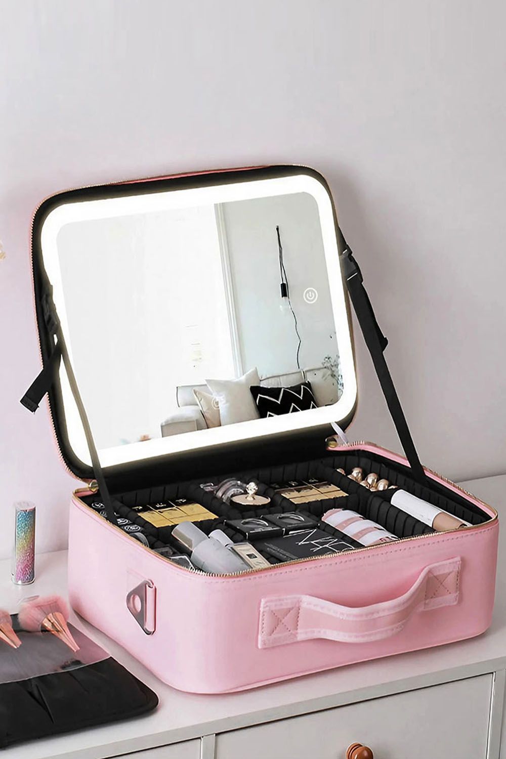 Living and Home Makeup Storage Bag with Three Colour LED Mirror image 6