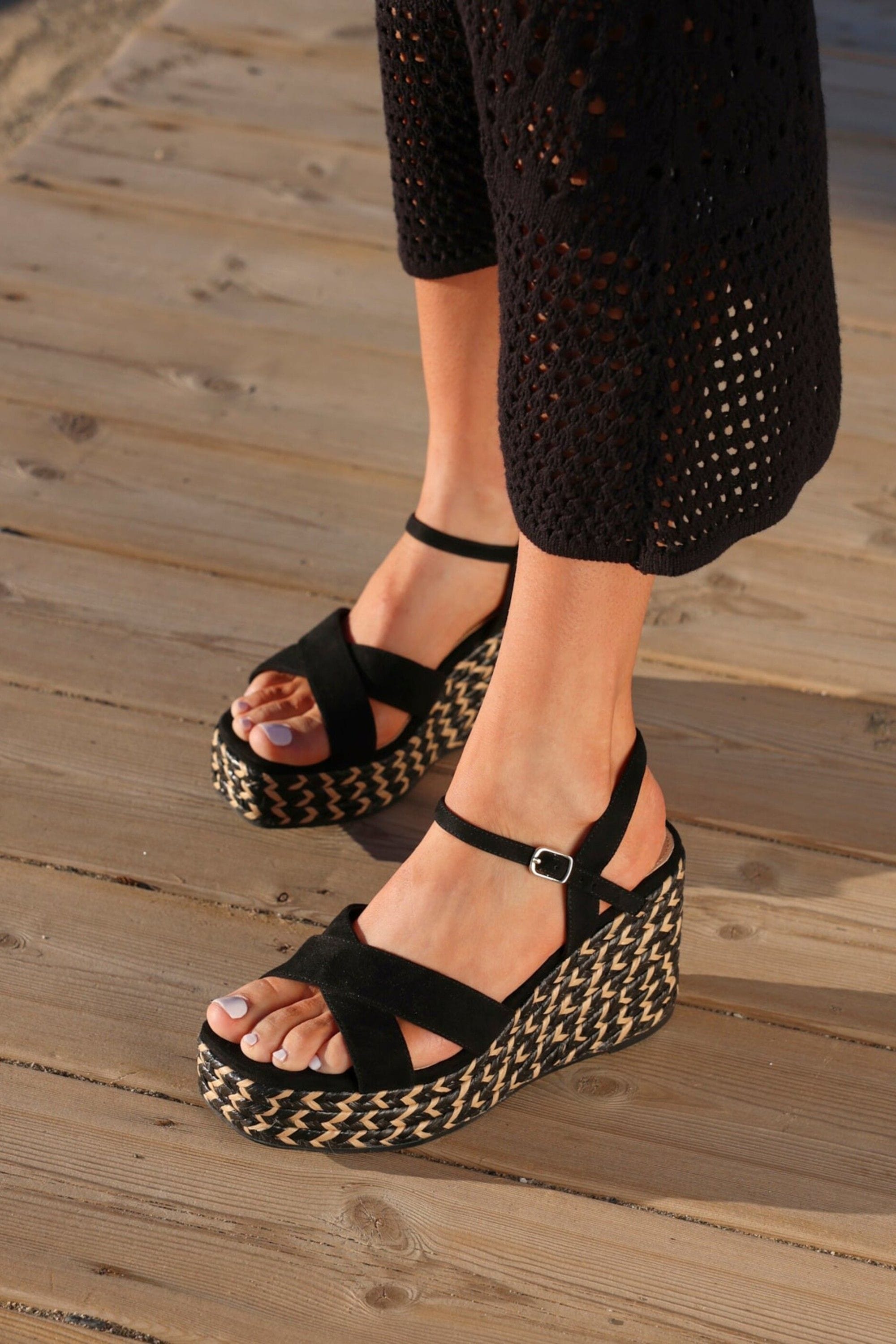 Linzi Leonie Black Faux Suede Braided Wedge image 2