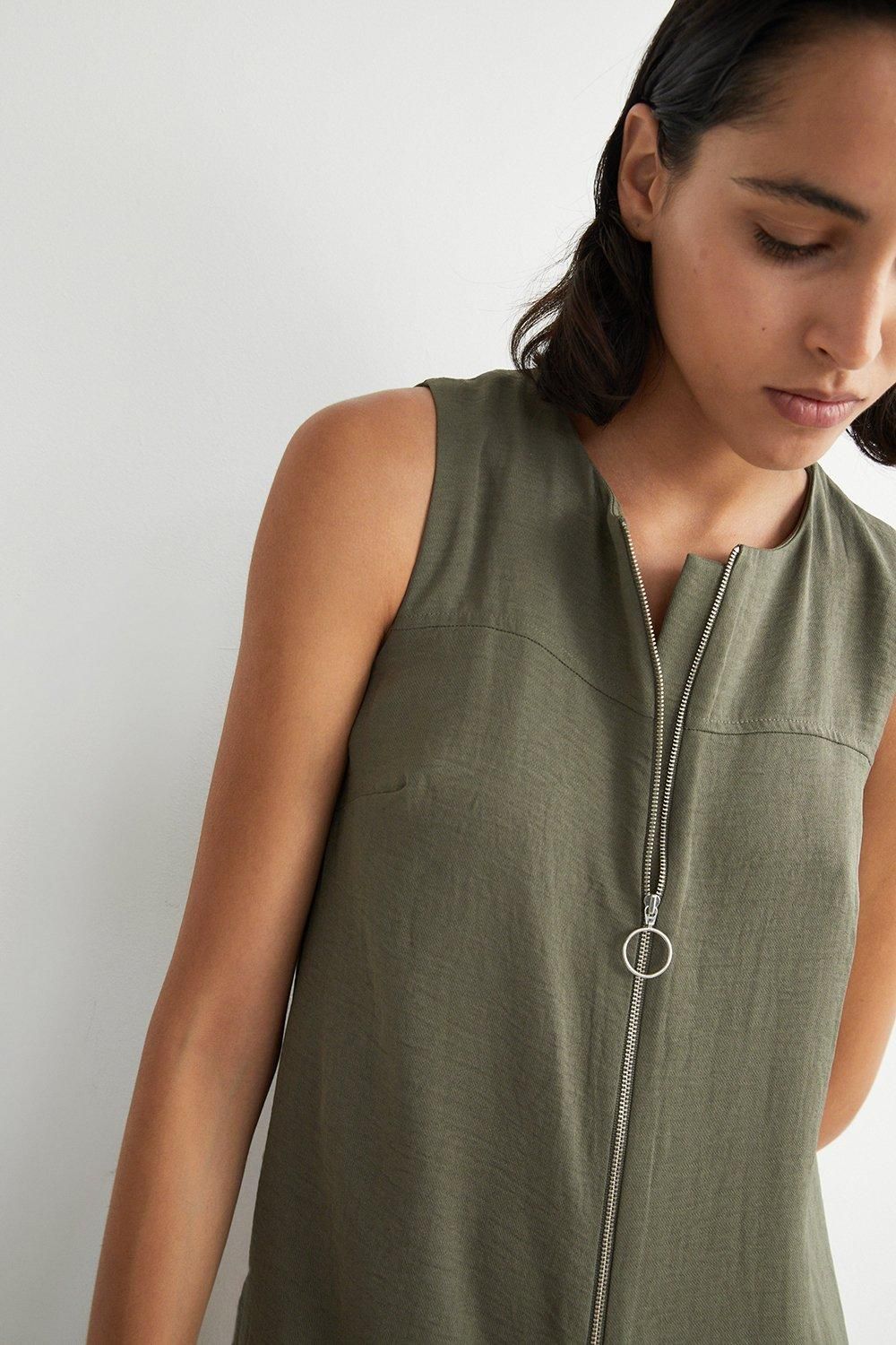 Warehouse Topstitch Zip Jumpsuit Khaki image 2