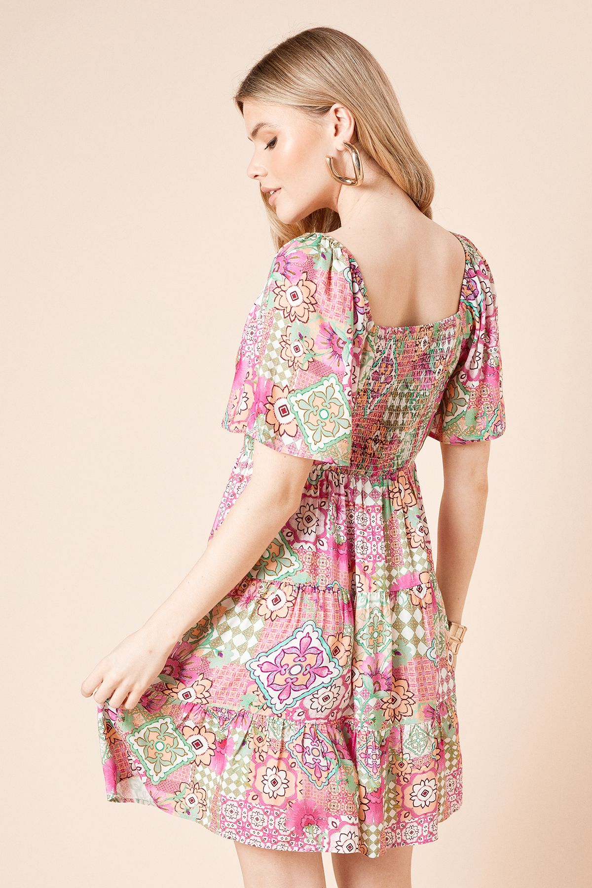 Dorothy Perkins Tile Angel Sleeve Tiered Mini Dress Multi image 4