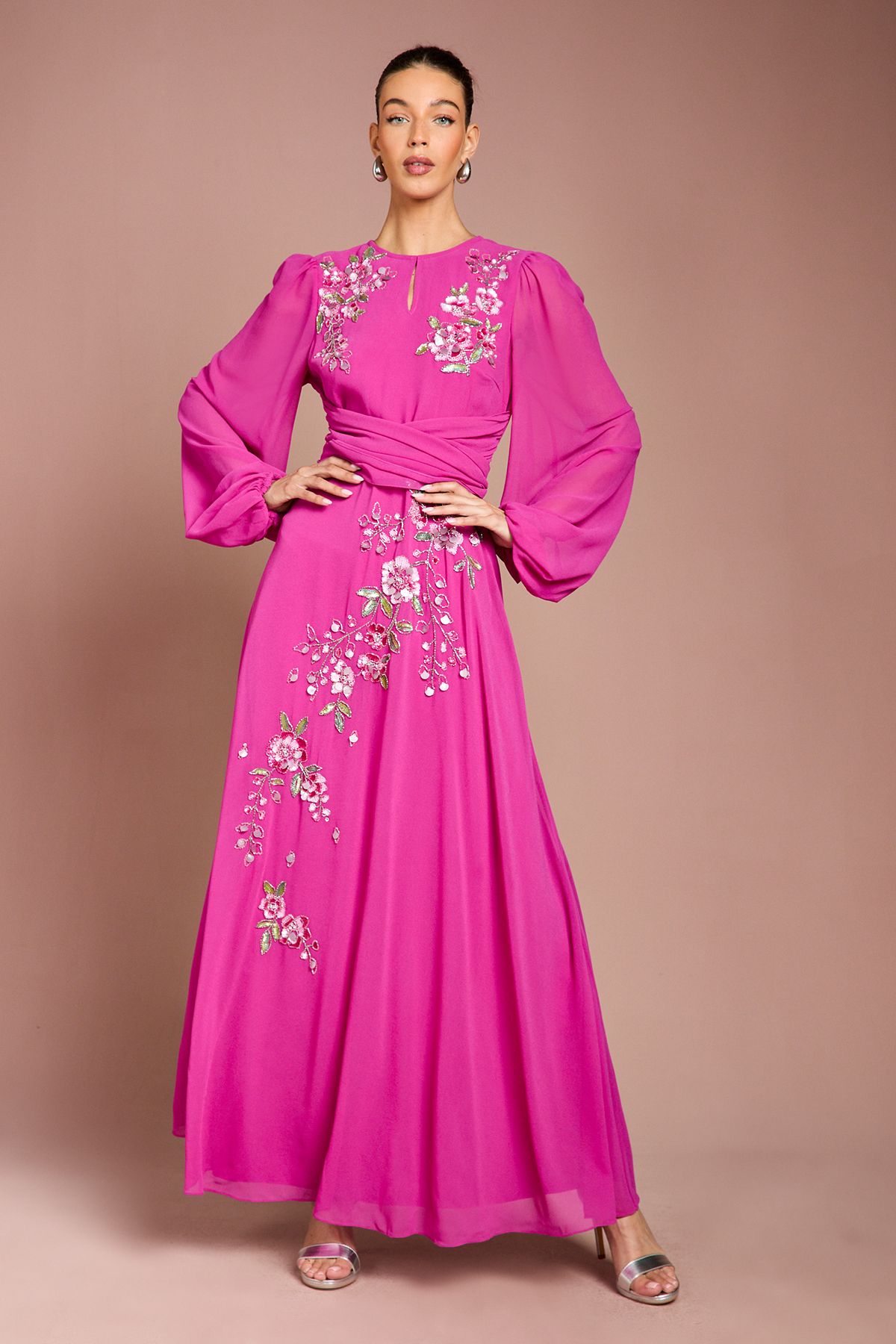 Coast Long Sleeve Wrap Waist Embellished Floral Maxi Dress Hot Pink image 1
