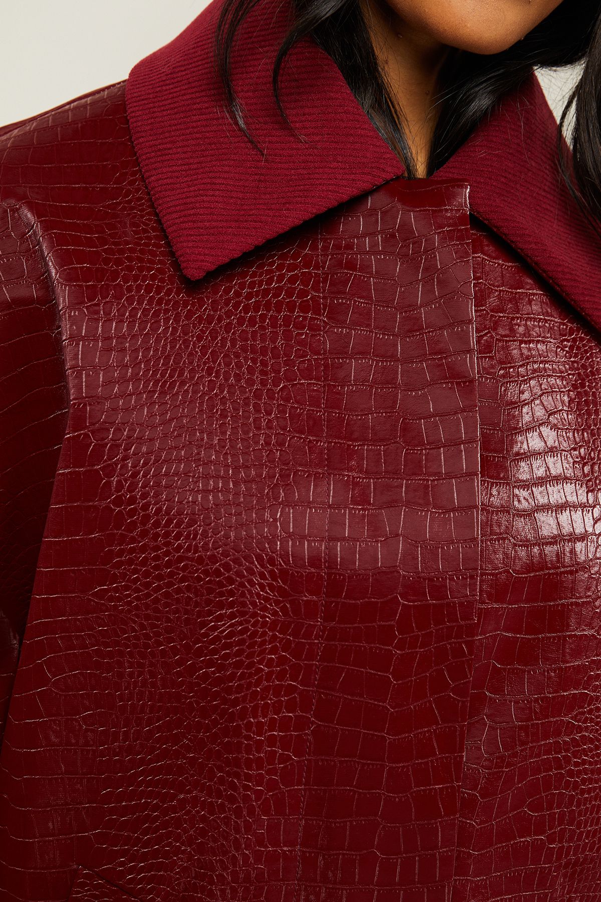 Warehouse Oversized Collared Croc Coat Dark Red image 5