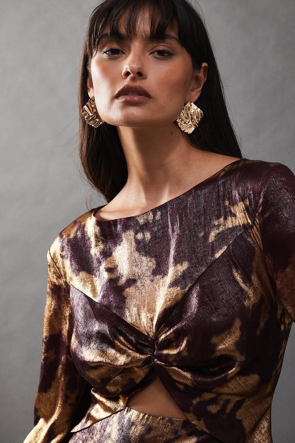 Warehouse Metallic Marble Twist Front Bias Midi Dress Metal image 4