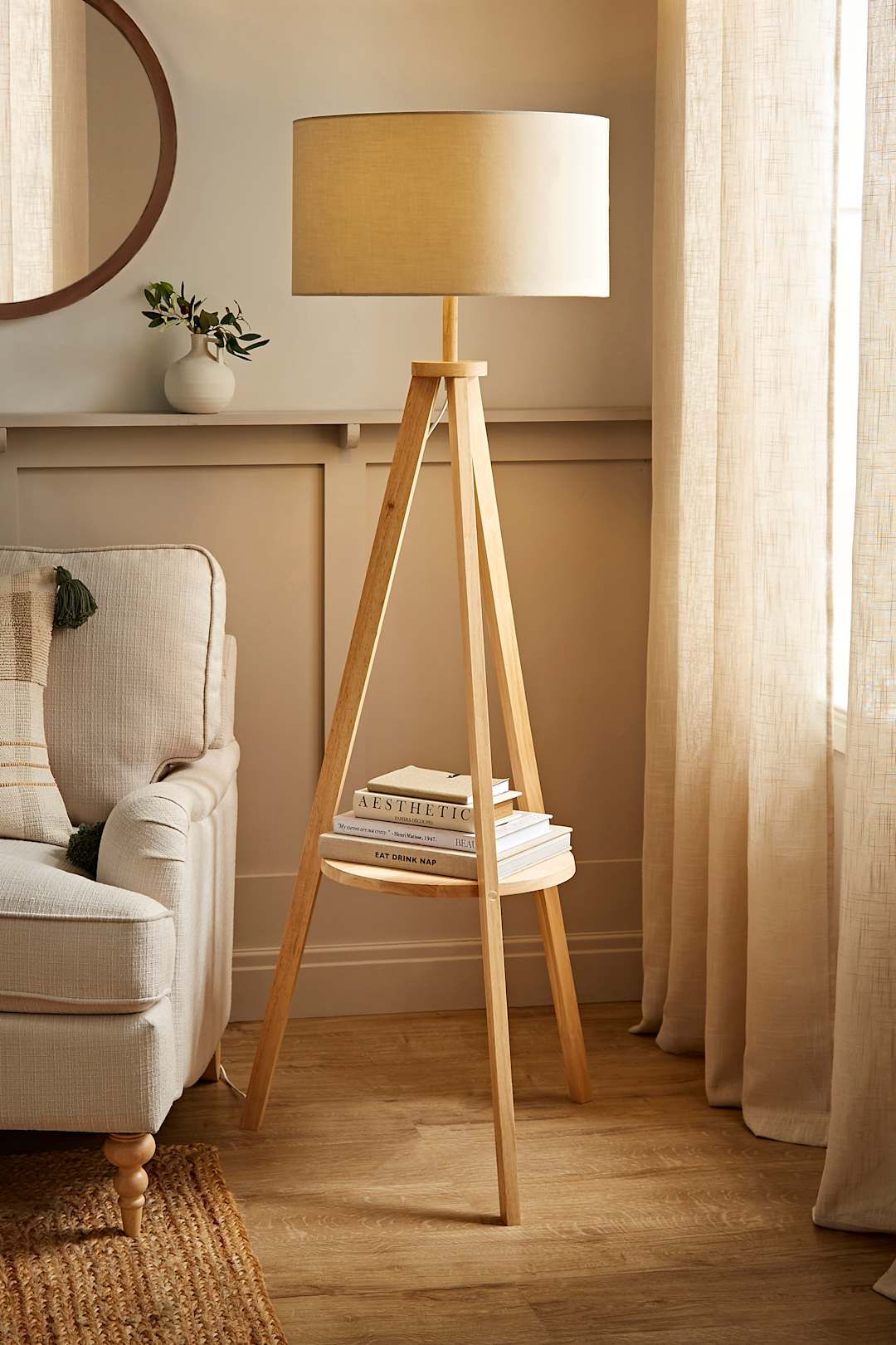 ValueLights Morrigan Natural Wood Tripod Floor Lamp with Fabric Drum Lamp Shade image 1