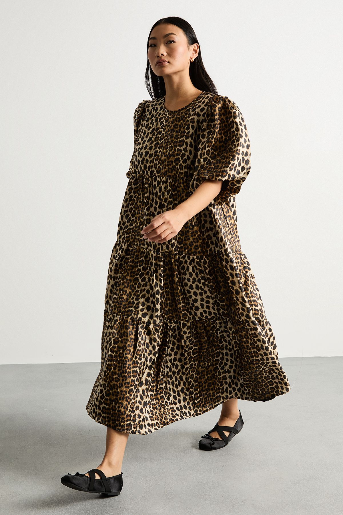 Warehouse Petite Animal Organza Puff Sleeve Midi Smock Dress Animal image 1