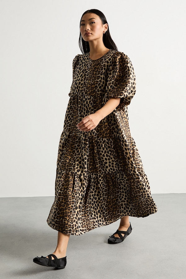 Warehouse Petite Animal Organza Puff Sleeve Midi Smock Dress Animal