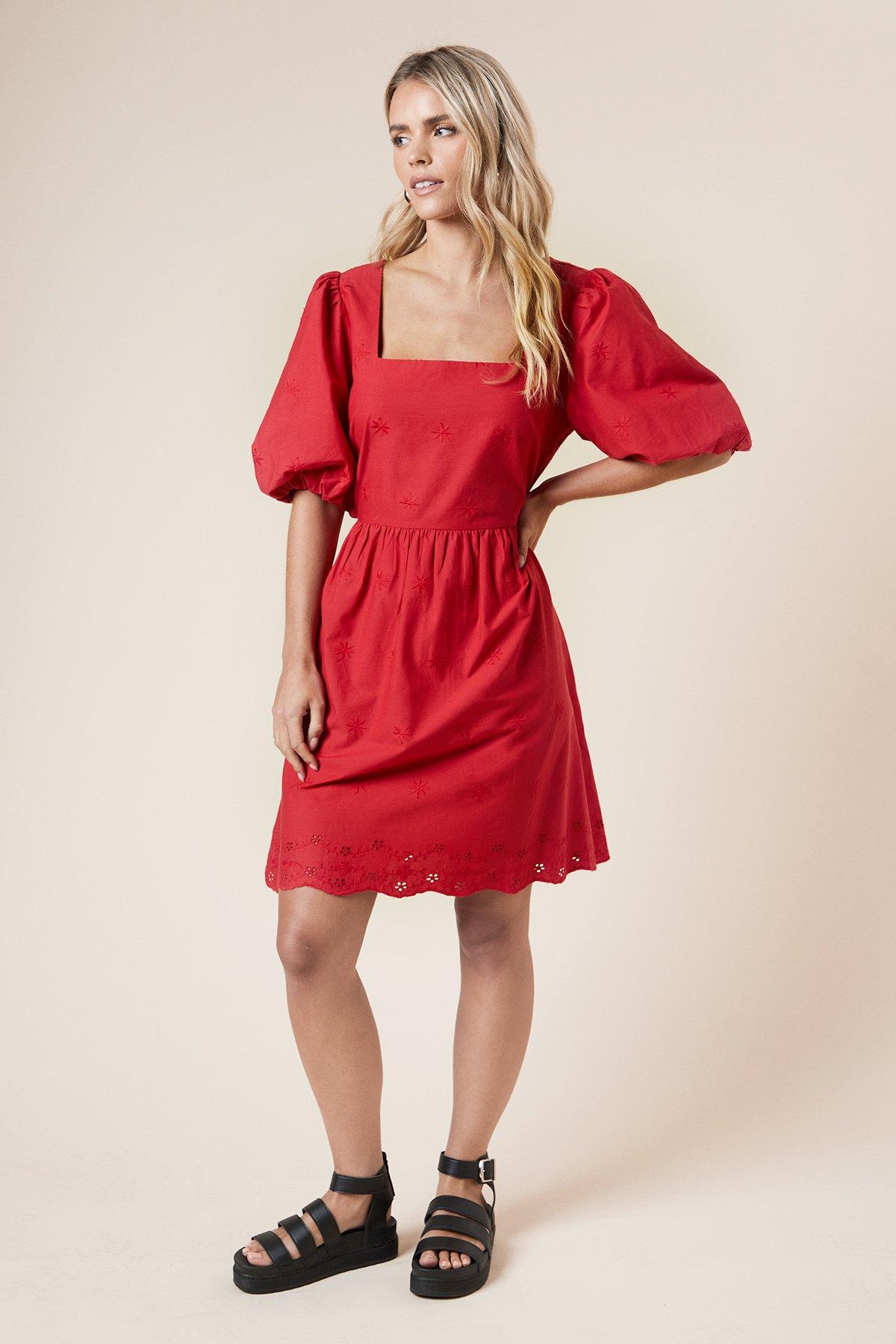 Dorothy Perkins Petite Embroidered Square Neck Mini dress Red image 2