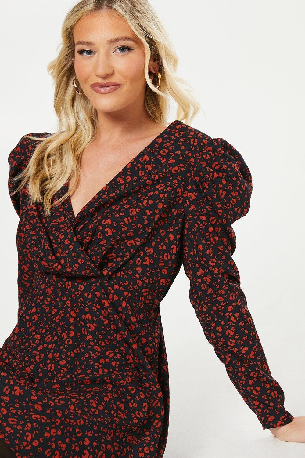 Dorothy Perkins Red Animal Empire Wrap Long Sleeve Mini Dress Black image 4