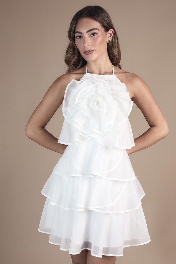 Coast Corsage Trim Layered Halter Neck bridal Mini Dress Ivory