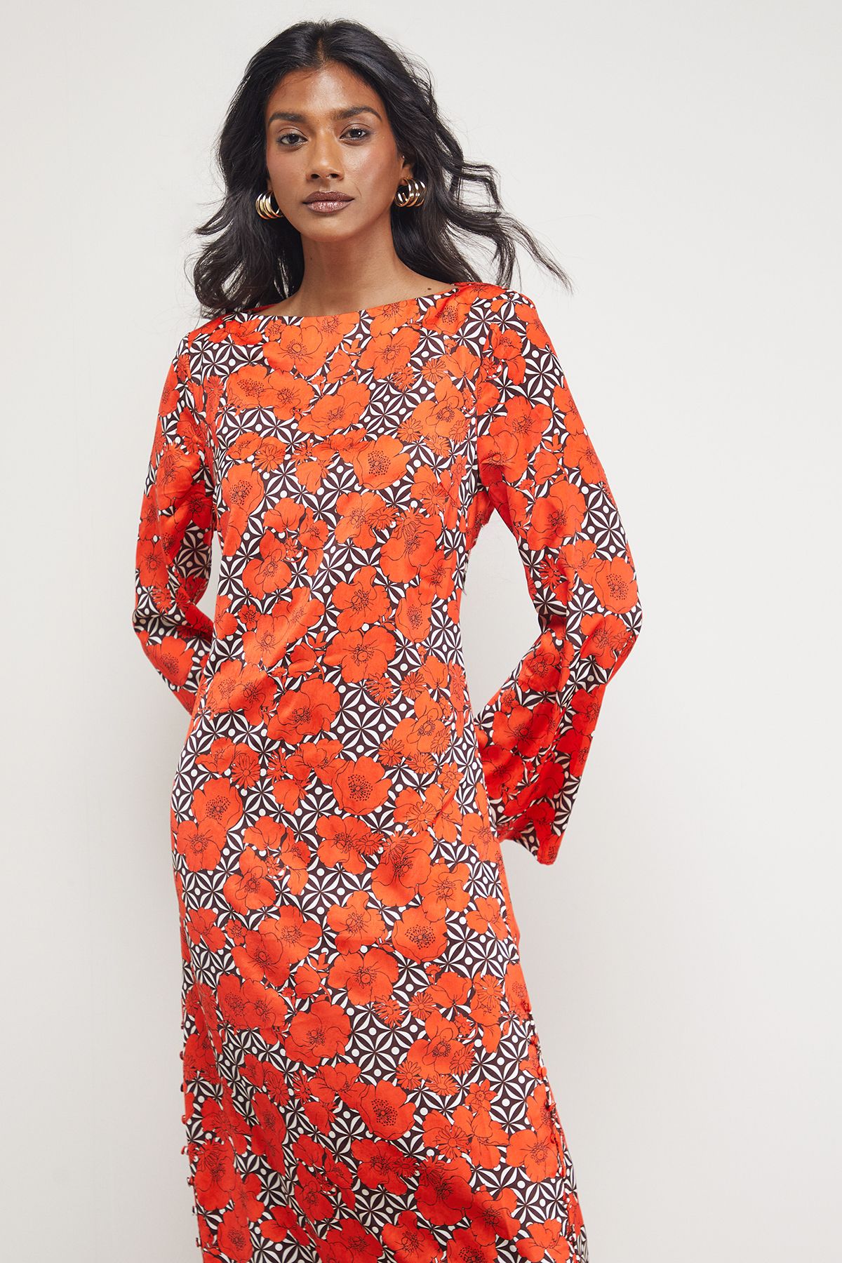 Warehouse Floral Crinkle Satin Bias Button Side Midi Dress Orange image 4
