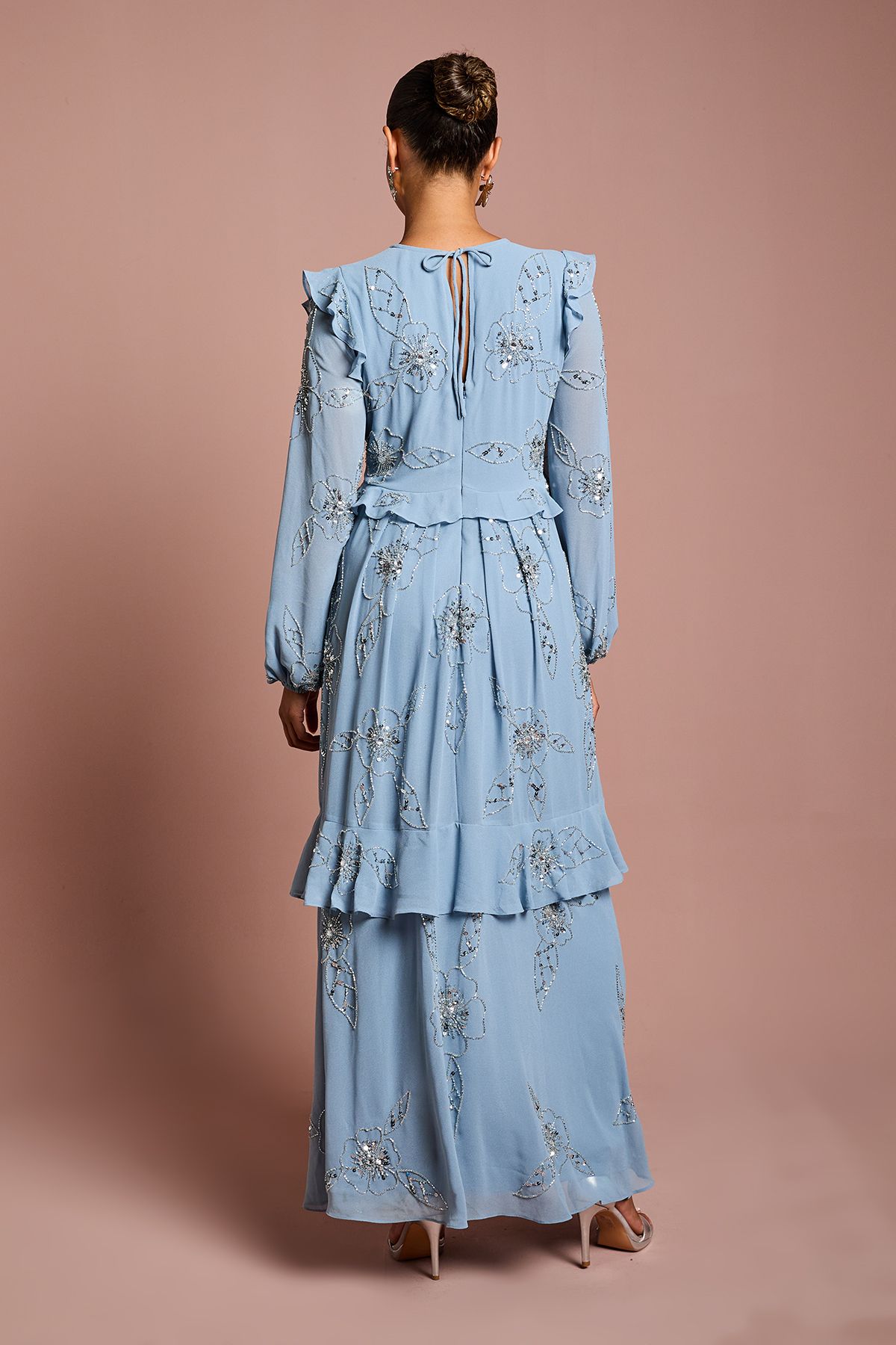 Coast Petite V Neck Long Sleeve Embellished Flower Tiered Georgette Midi Dress Dusty Blue image 3