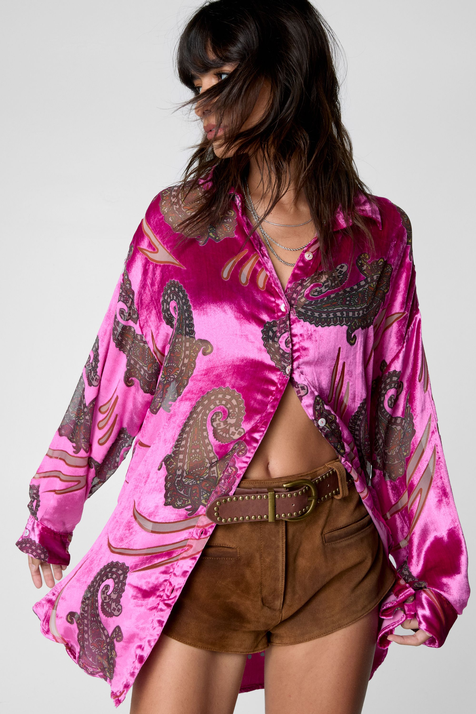 NastyGal Paisley Devore Sheer Oversized Shirt Pink image 1