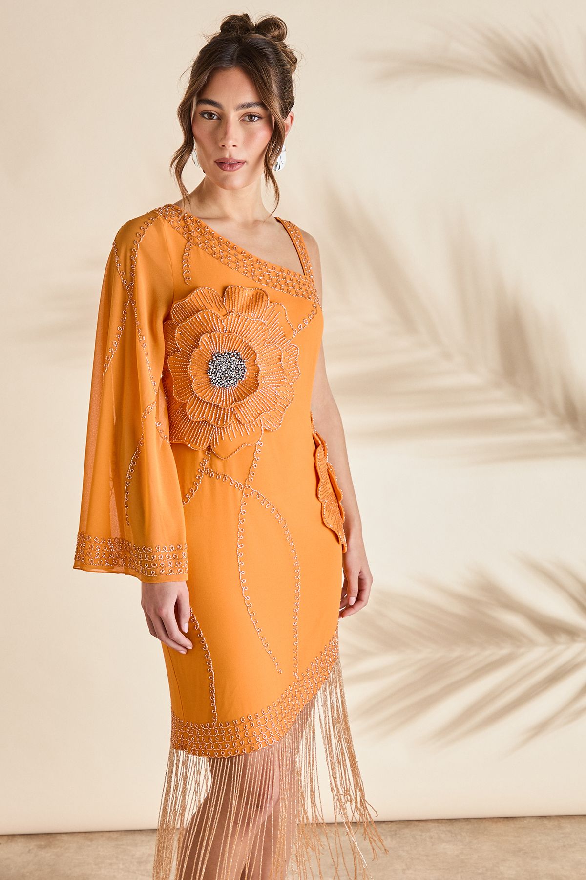 Coast One Shoulder Embellished Mini Dress With Fringing Orange image 2