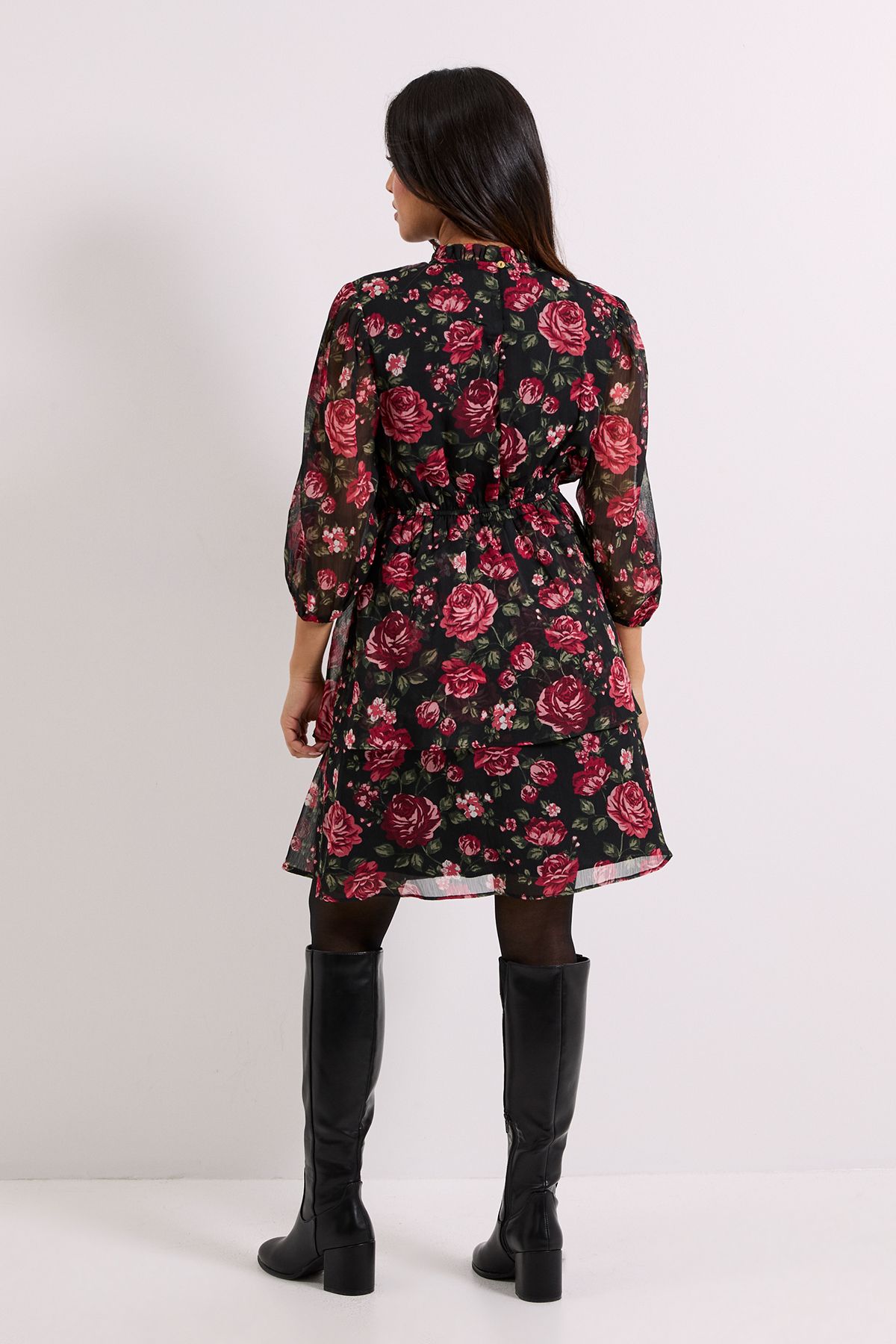 Dorothy Perkins Petite Floral Frill Neck Tiered Skirt Printed Mini Dress Floral image 3