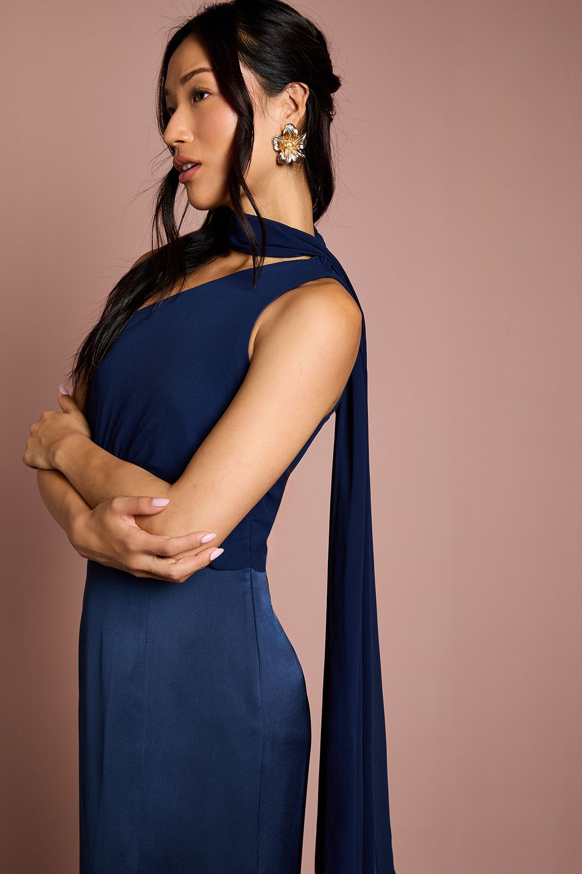 Coast One Shoulder Maxi Bridesmaid Dress with Neck Scarf Navy image 2