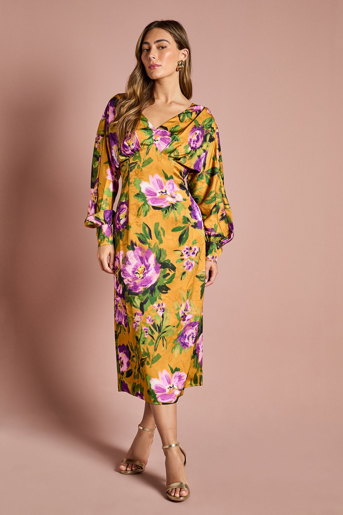 Coast Printed Long Sleeve Satin Maxi Dress With Cowl Back Chartreuse image 1