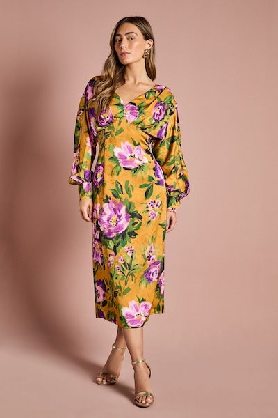 Coast Printed Long Sleeve Satin Maxi Dress With Cowl Back Chartreuse