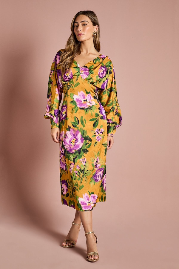 Coast Printed Long Sleeve Satin Maxi Dress With Cowl Back Chartreuse
