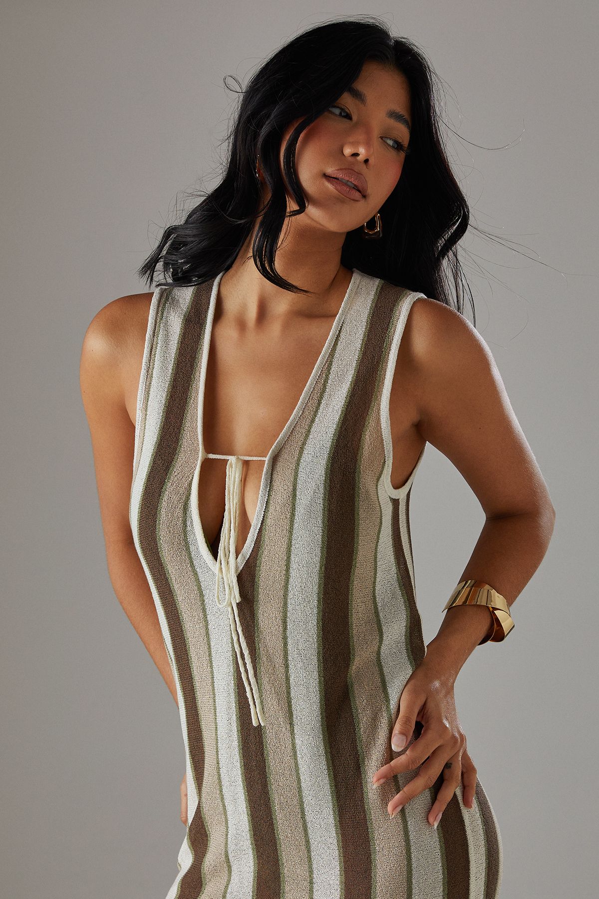 Warehouse Striped Tie Keyhole Knitted Midi Dress Multi image 4