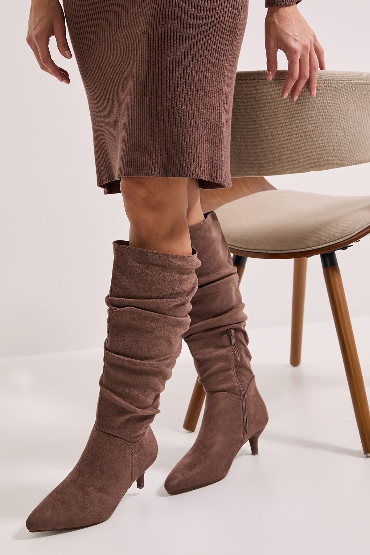 Dorothy Perkins Khloe Faux Suede Kitten Heel Knee High Ruched Boots Taupe image 1