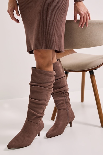 Dorothy Perkins Khloe Faux Suede Kitten Heel Knee High Ruched Boots Taupe