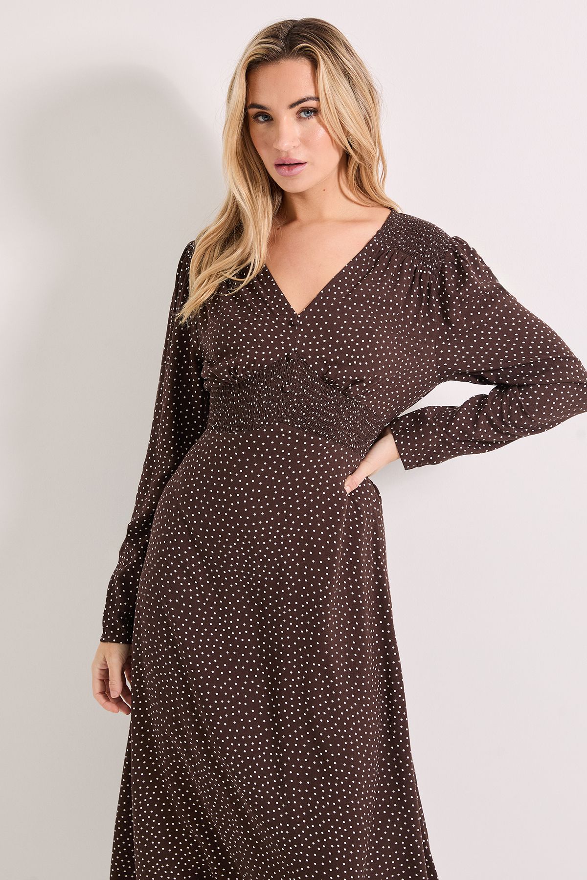 Dorothy Perkins Chocolate Pinspot Shirred Waist Button Detail Printed Midi Dress Chocolate image 2