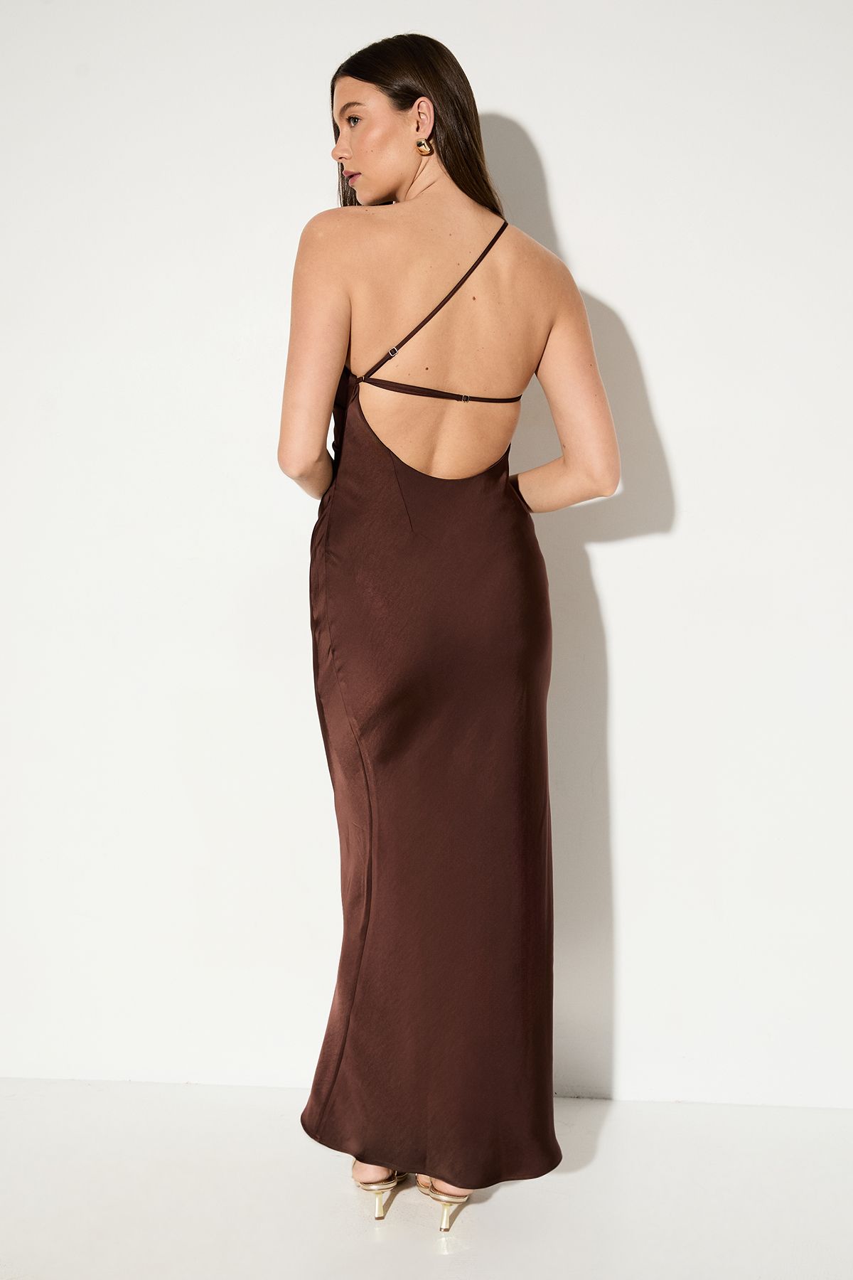 MissPap Satin Asymmetric Strap Pleated Waist Low Back Maxi Bridesmaid Dress Cream image 3