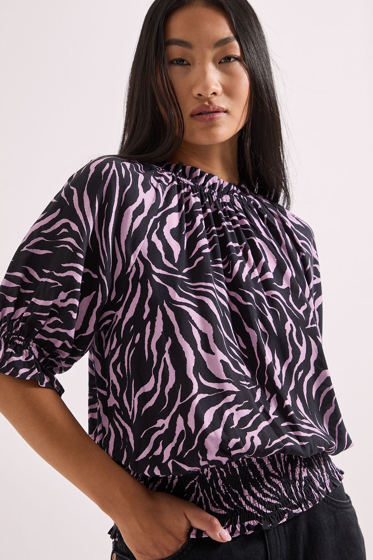 Dorothy Perkins Petite Frill Neck Shirred Cuff Blouse Pink image 4