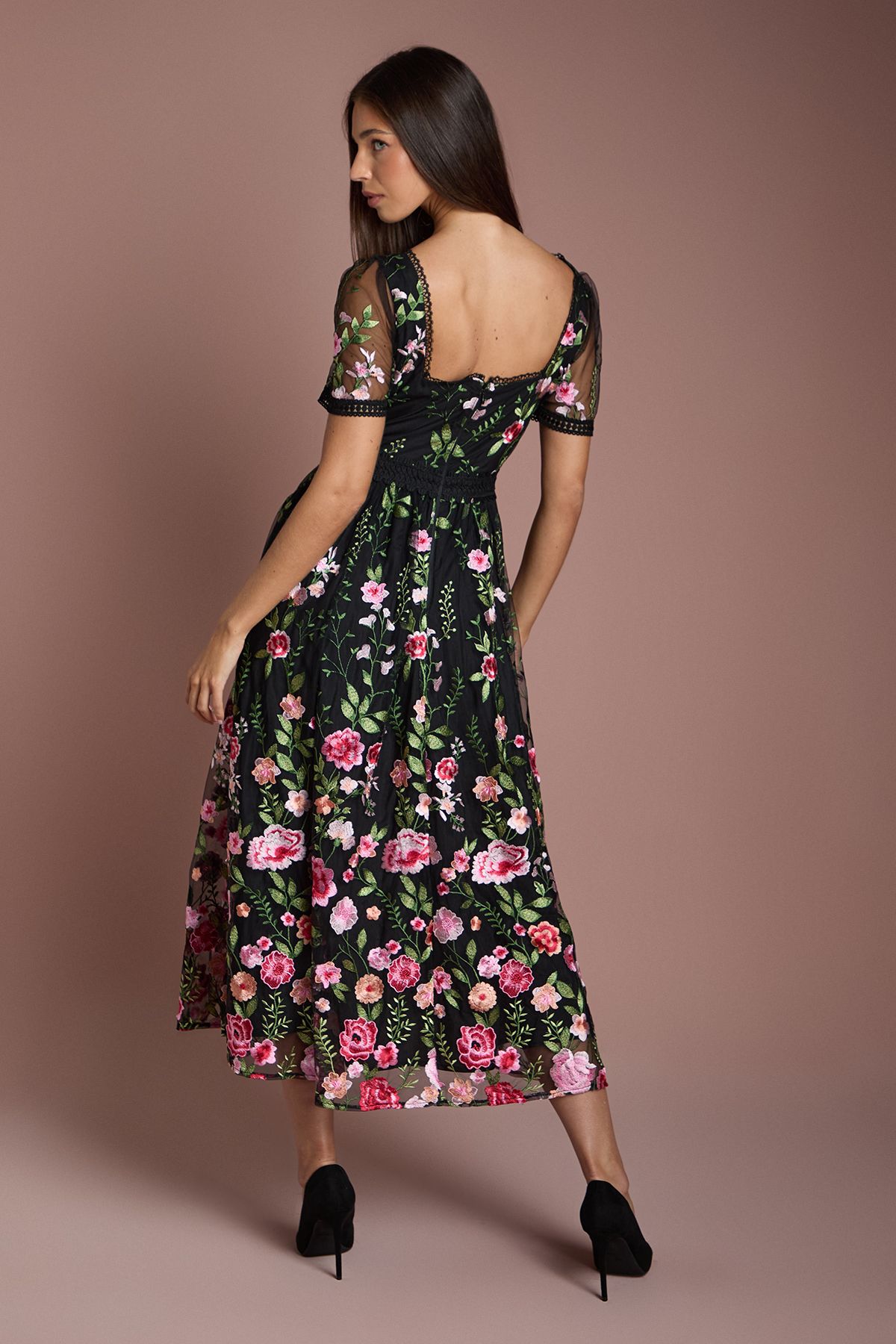 Coast Lace Trim Detail Embroidered Mesh Midi Dress Black image 3