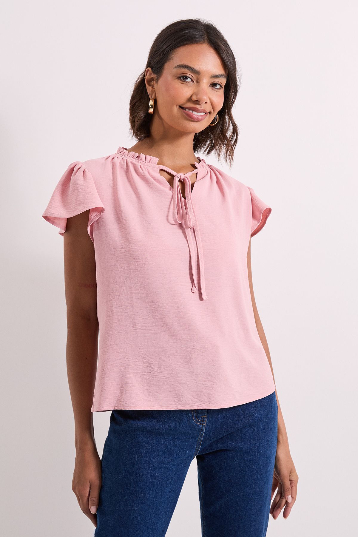 Dorothy Perkins Frill Sleeve Tie Front Top Blush image 1