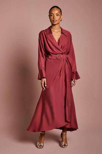 Coast Petite Twill Long Sleeve Wrap Dress With Belt Burgundy