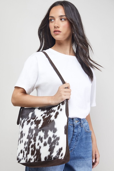 Oasis Lilah Real Leather Cow Print Slouch Bags Brown
