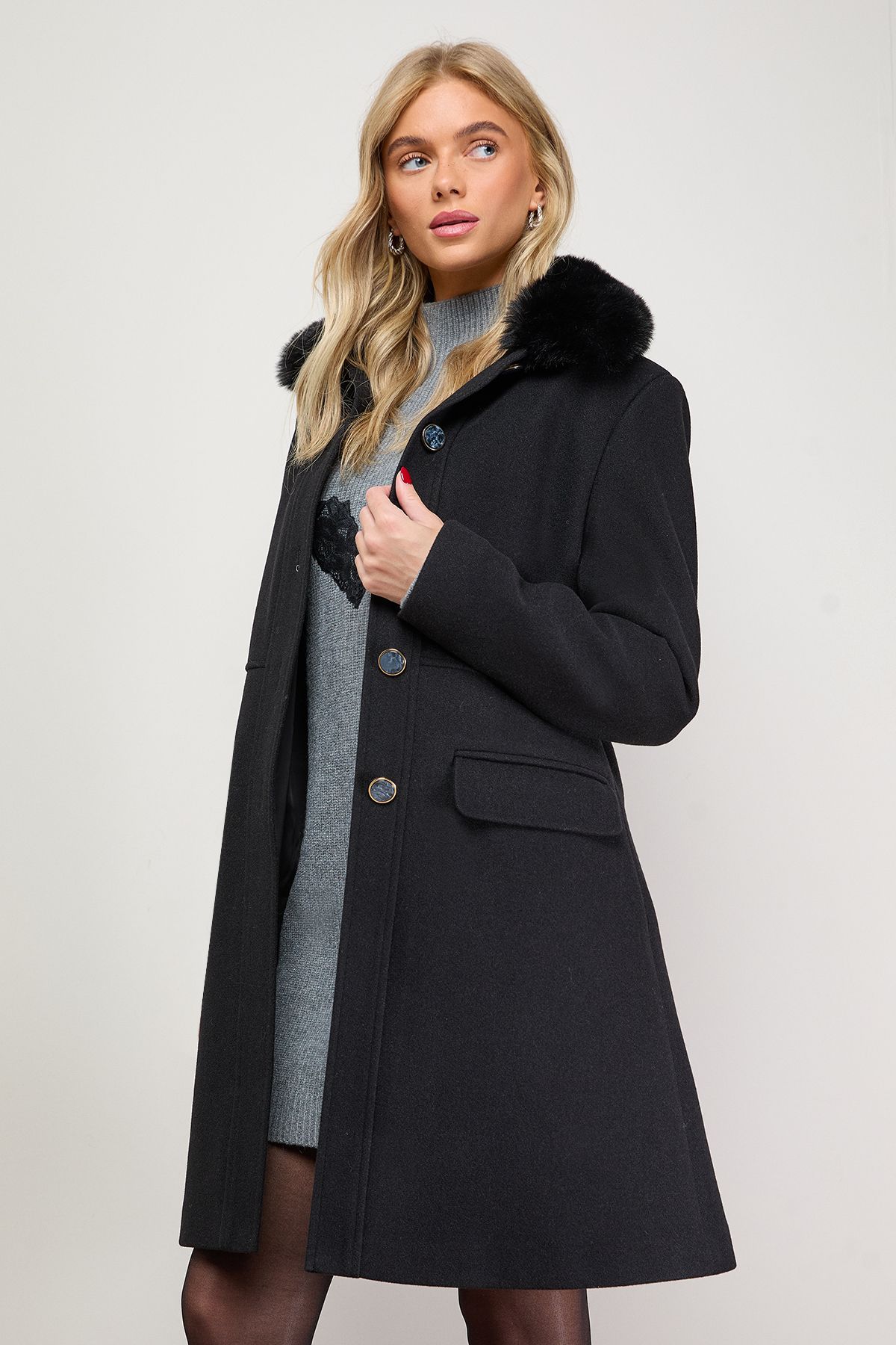 Oasis Faux Wool Button Through Dolly Coat With Faux Fur Black image 2