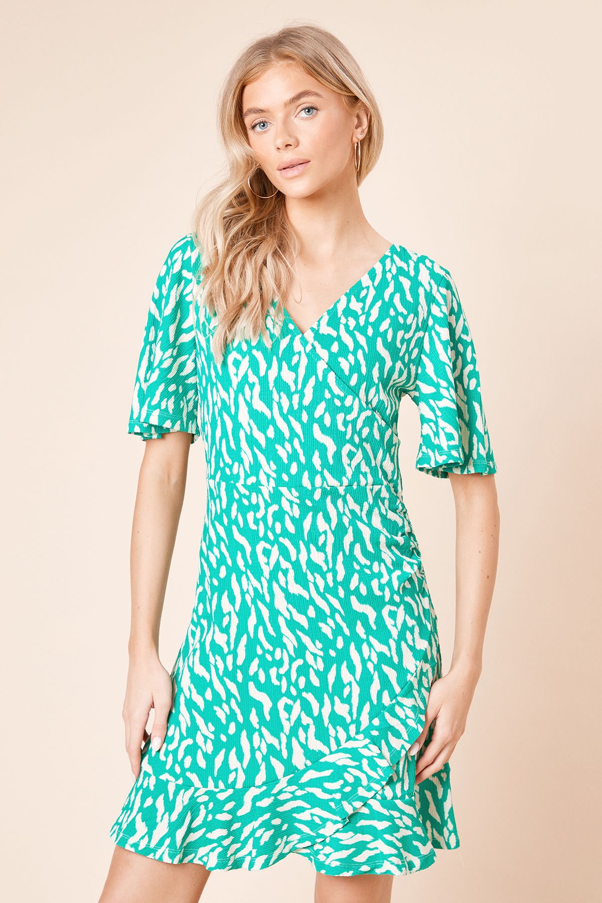 Dorothy Perkins V Neck Short Sleeve Abstract Wrap Mini Dress Green image 1