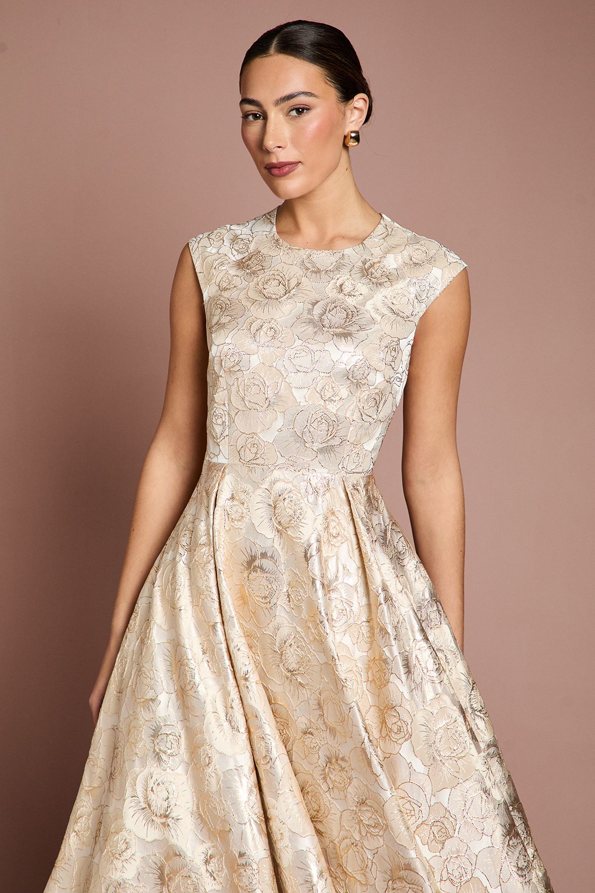 Coast Cap Sleeve High Low Jacquard Midi Dress Champagne image 4