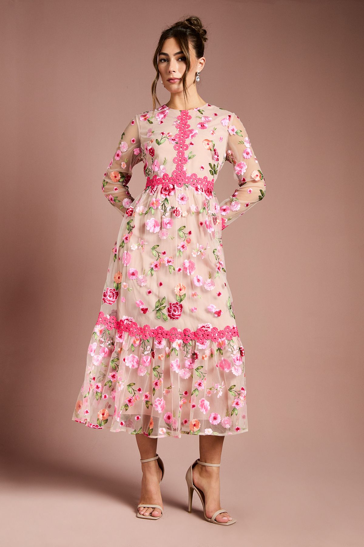 Coast Embroidered Floral Midi Dress Nude