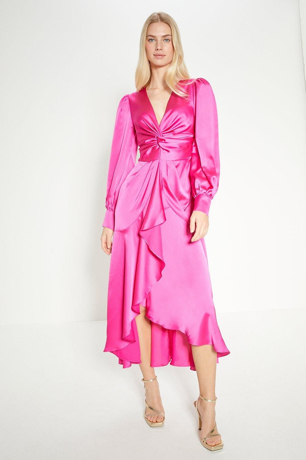 Oasis Rachel Stevens Satin Twist Front Draped Midi Dress Pink image 2