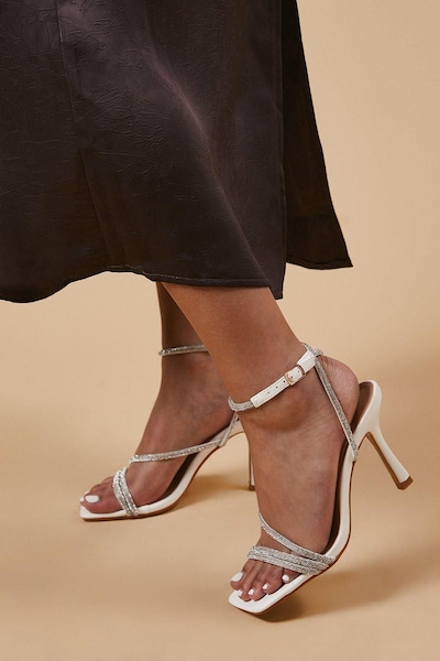 Oasis Valencia Faux Leather Diamante Asymmetric High Stiletto Sandals White