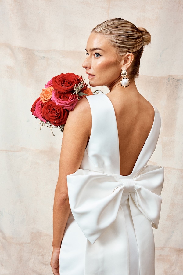 Coast Coast Honoured Plunge Neck Structured Satin Bow Back Wedding Dress Ivory