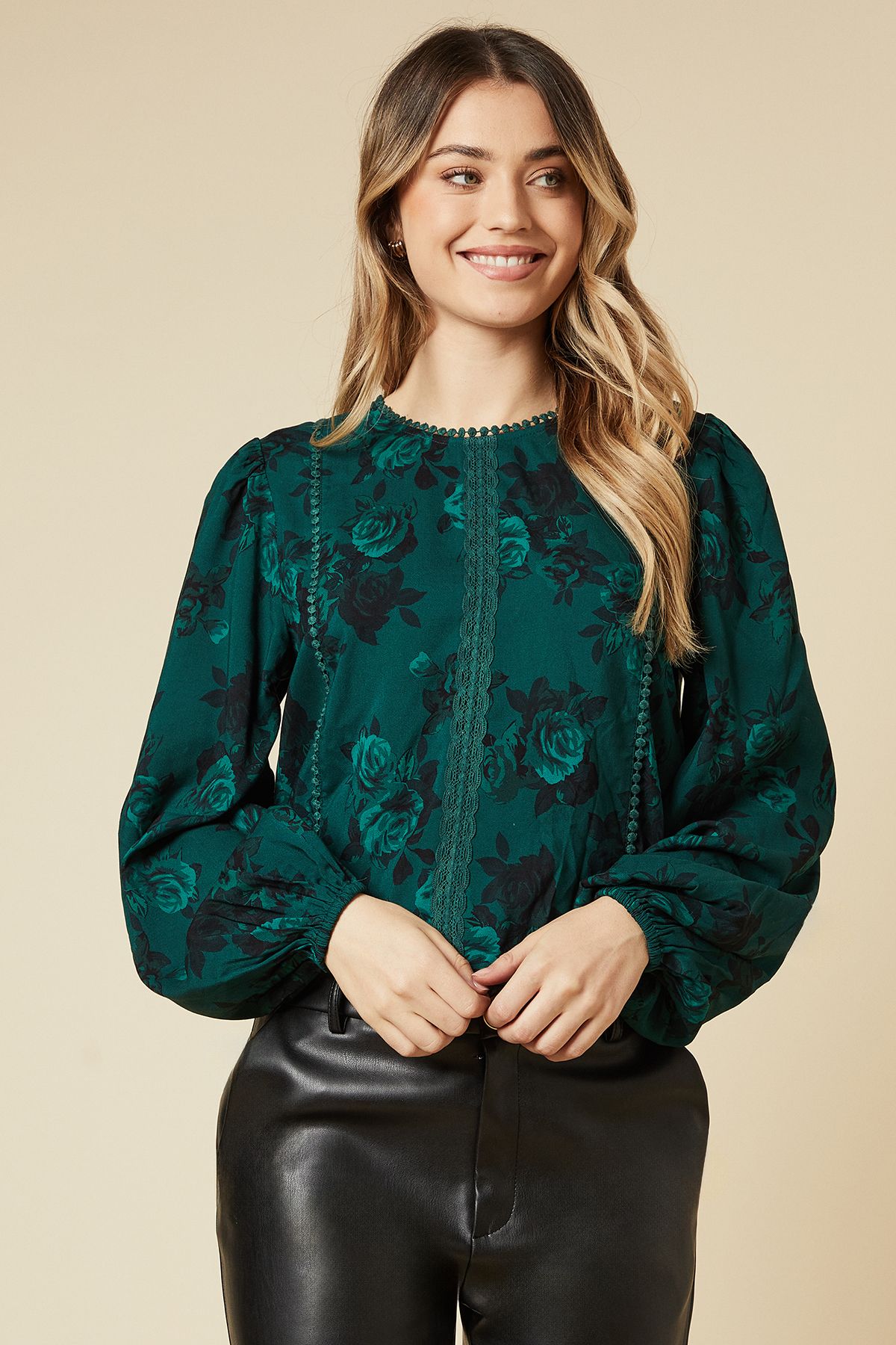 Dorothy Perkins Green Floral Lace Trim Body Long Sleeve Blouse Green image 1