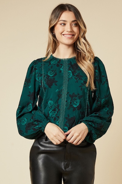 Dorothy Perkins Green Floral Lace Trim Body Long Sleeve Blouse Green