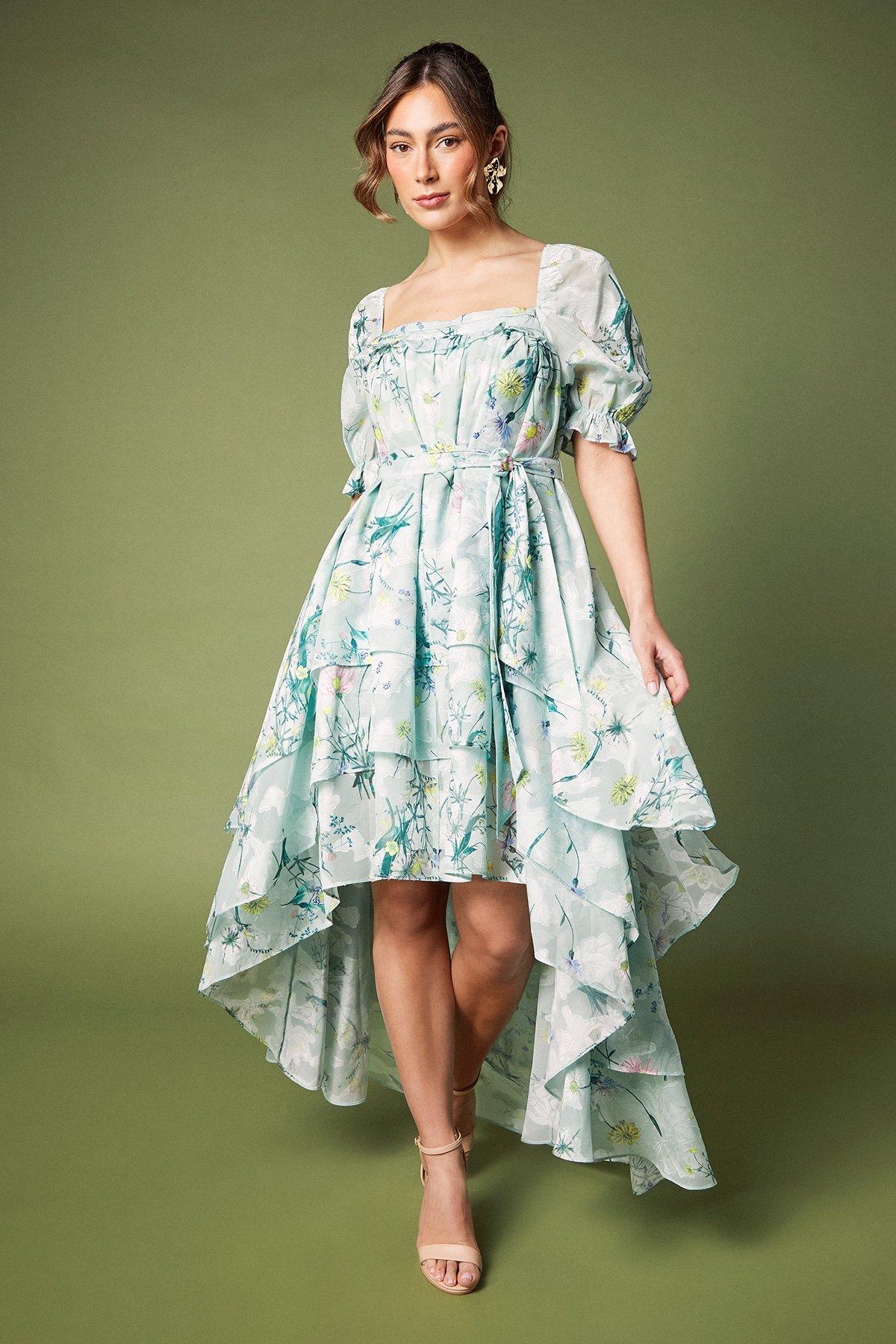 Coast Short Puff Sleeve Printed Chiffon High Low Hem Dress With Tiers Green image 1