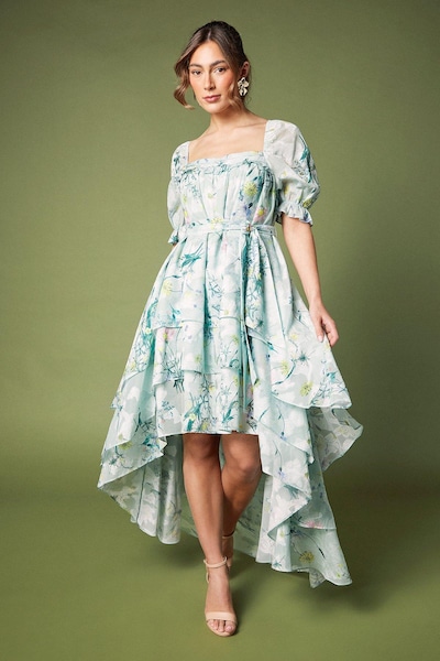 Coast Short Puff Sleeve Printed Chiffon High Low Hem Dress With Tiers Green